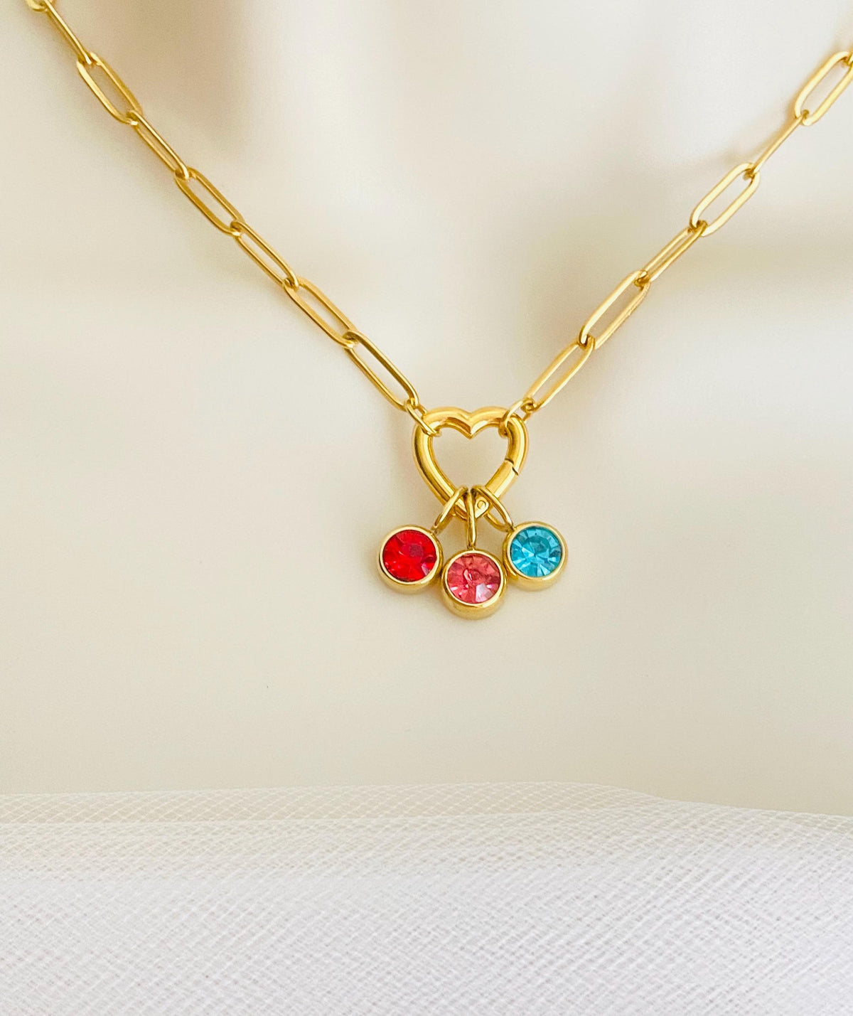 Personalized Birthstone Necklace with Heart Charm Holder • Stainless Steel & Gold over Stainless Steel