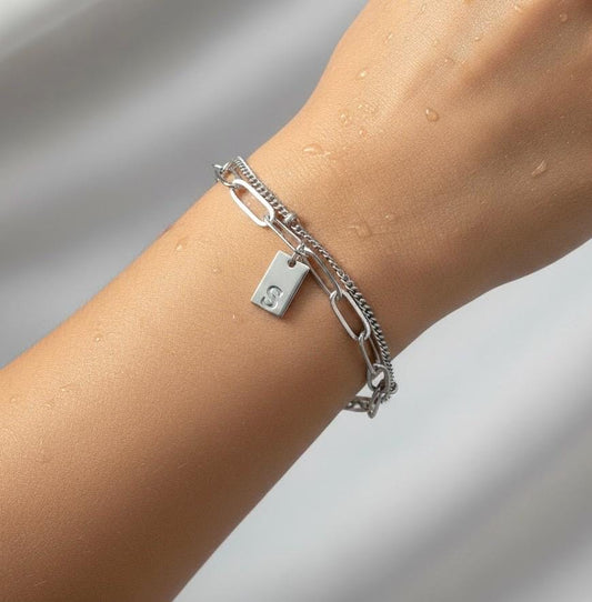 Personalized Satellite Chain & Paperclip Chain Bracelet Set • Stainless Steel or Gold