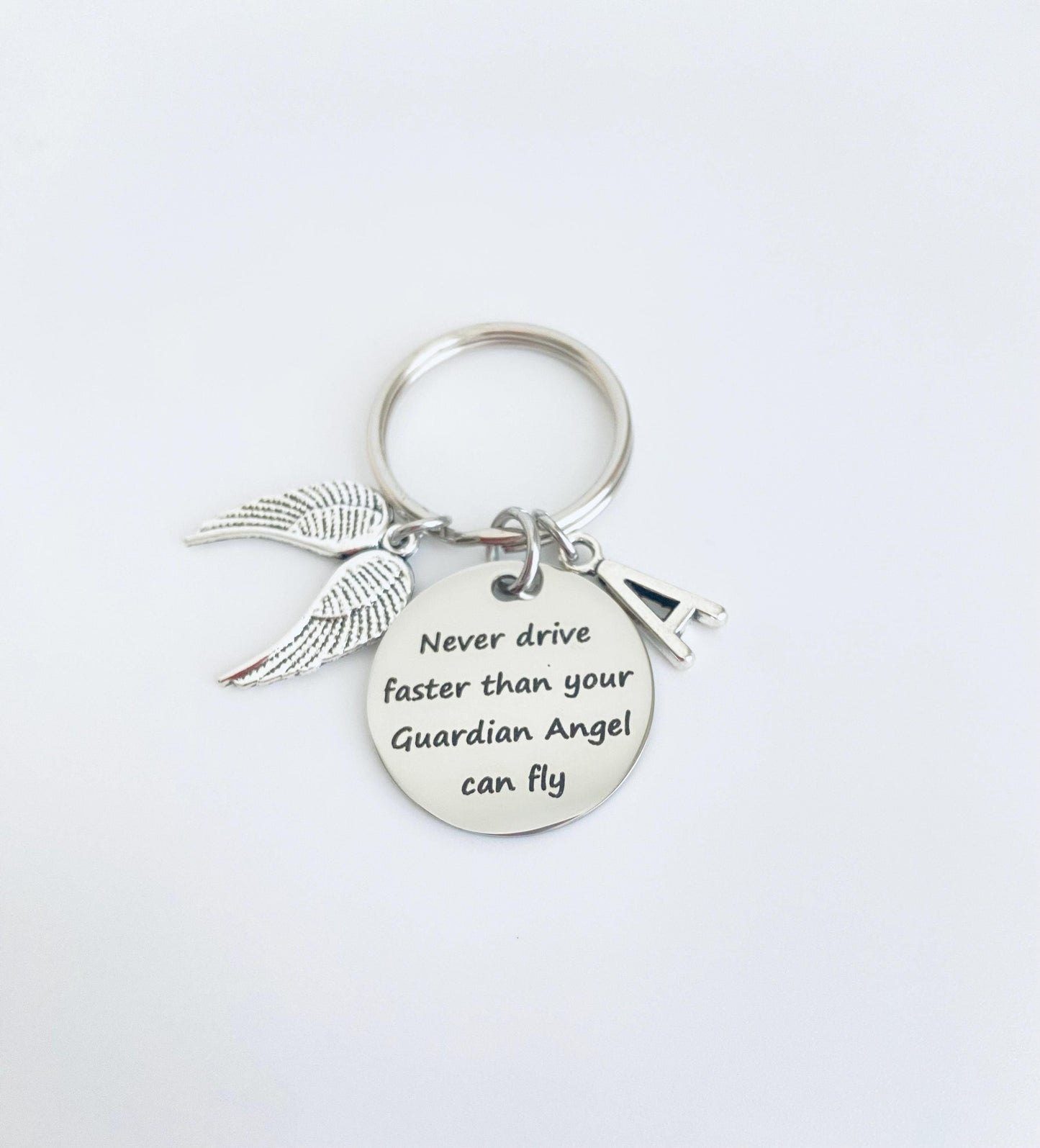 Personalized Drive Safe Keychain • Never Drive Faster Than Your Guardian Angel Can Fly Key Chain with Initial