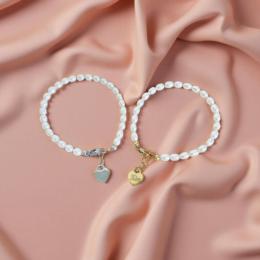 White Freshwater Pearl Bracelet with Personalized Stainless Steel Heart Charm • Custom Pearl Jewelry Gift