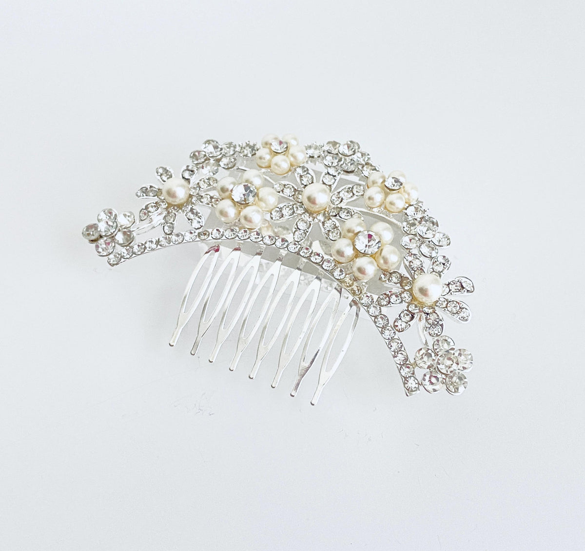 Rhinestone and White Glass Pearl Hair Comb
