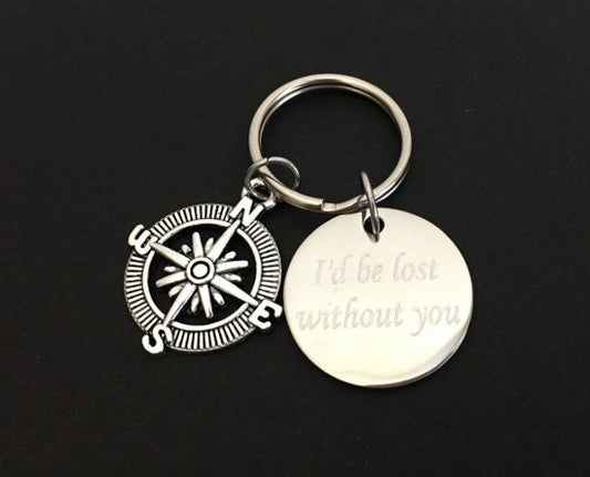 Personalized Compass Keychain • Custom Engraved Compass Key Ring Gift for Him or Her