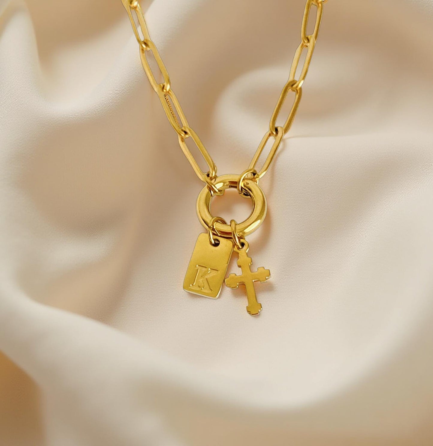 Personalized Paperclip Chain Necklace with Cross & Initial Charm • Stainless Steel or Gold
