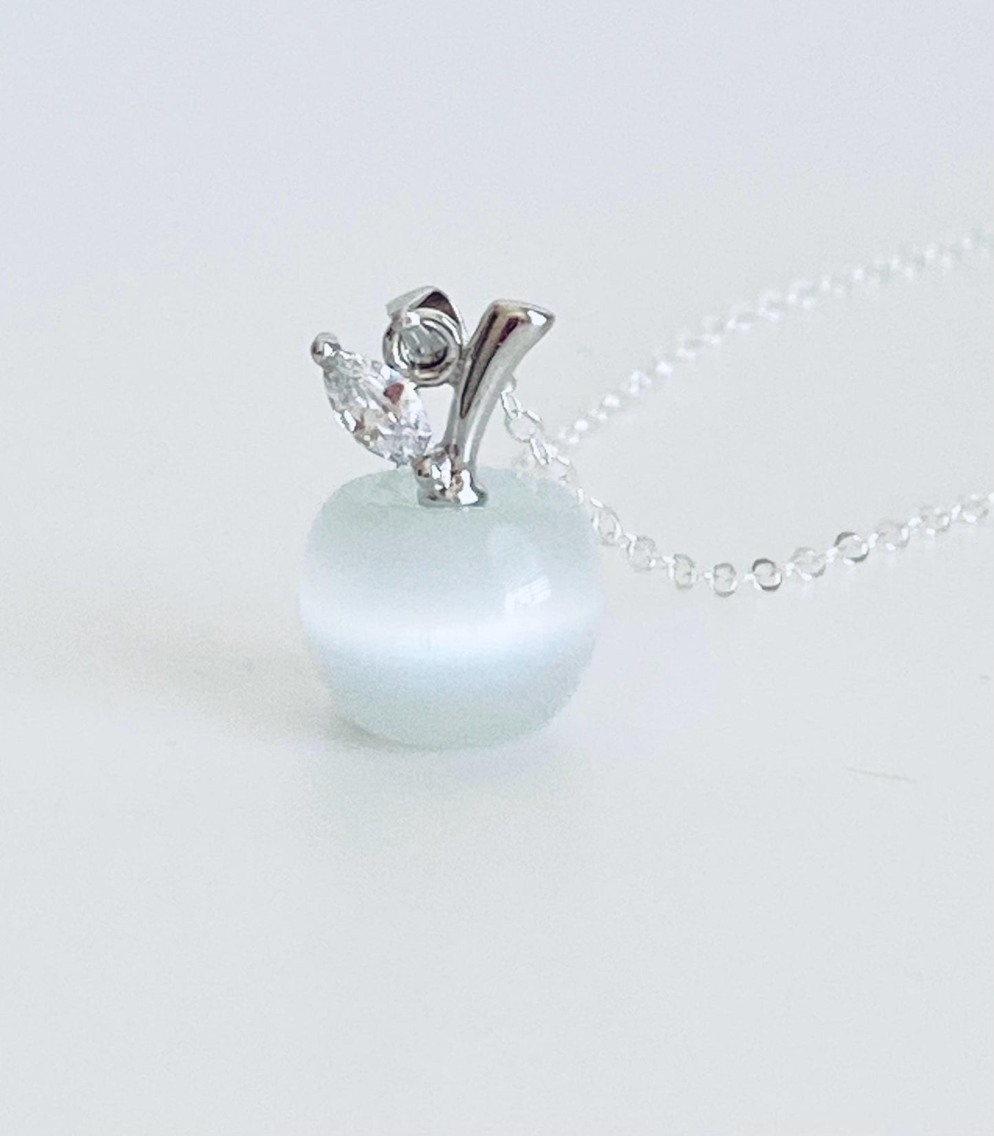 Sterling Silver Necklace with Cat’s Eye Apple Charm • 925 Silver Fruit Pendant Necklace
