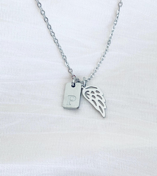 Personalized Angel Wing Necklace with Initial Tag • Stainless Steel or Gold Custom Charm Necklace