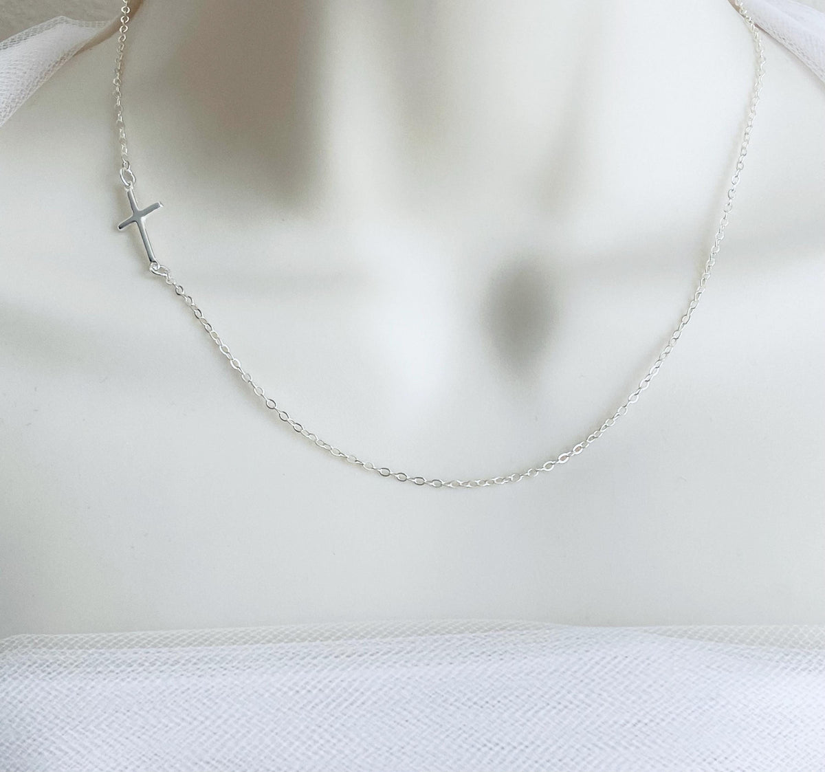 Sterling Silver Slim Sideways Cross Necklace • Religious Jewelry