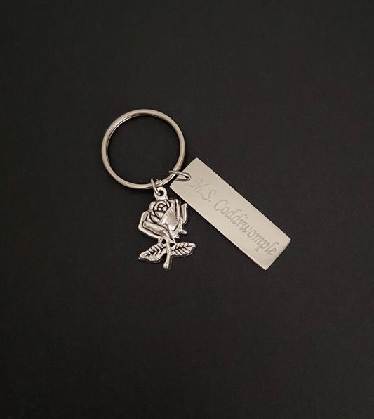 Personalized Key Chain with Rose Charm • Custom Engraved Floral Keychain Gift for Her