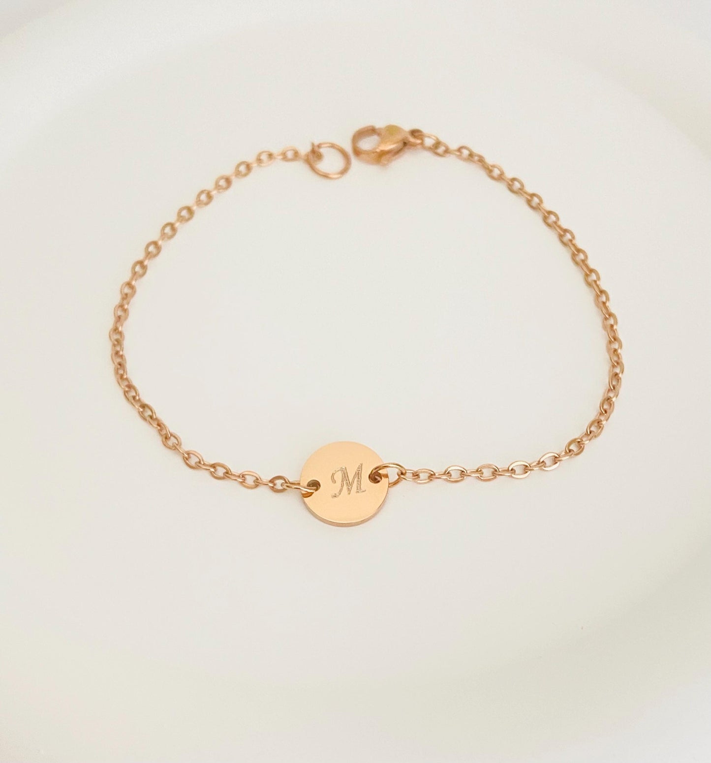 Personalized Stainless Steel Initial Bracelet. Engraved Round Charm Bracelet. Minimalist Layering Jewelry.