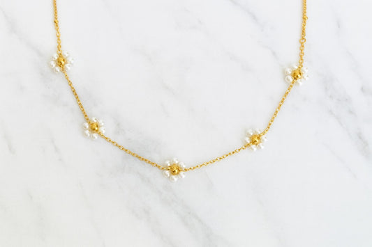 18K Gold Over Stainless Steel Glass Daisy Flower Necklace • Floral Pendant Necklace