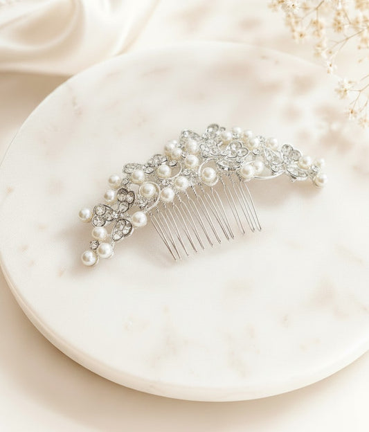 Elegant Glass Pearl and Rhinestone Hair Comb • Bridal Wedding Hair Accessory for Bride and Bridesmaids