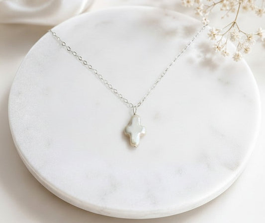 White Freshwater Pearl Cross Pendant Necklace • Sterling Silver & Gold Filled