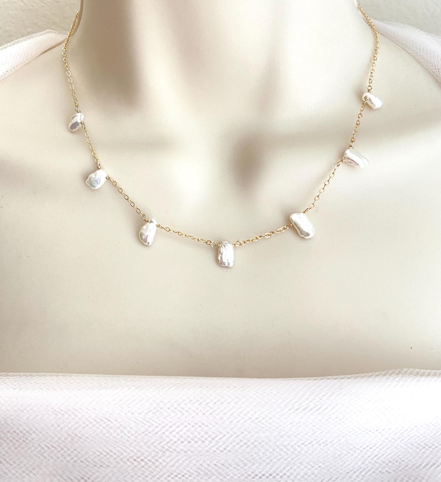 Delicate White Freshwater Keshi Pearl Necklace • Sterling Silver, Gold Filled or Rose Gold