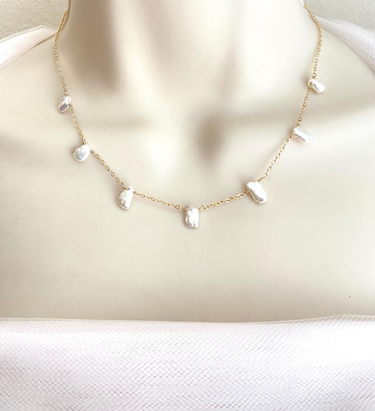 Delicate White Freshwater Keshi Pearl Necklace • Sterling Silver, Gold Filled or Rose Gold