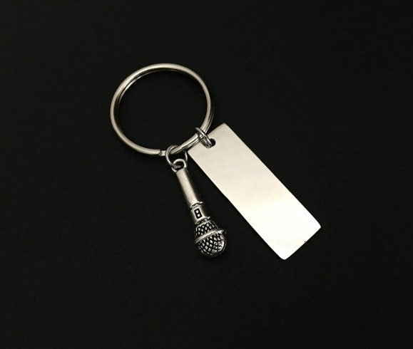 Personalized Key Chain with Microphone Charm • Custom Engraved Stainless Steel Keychain