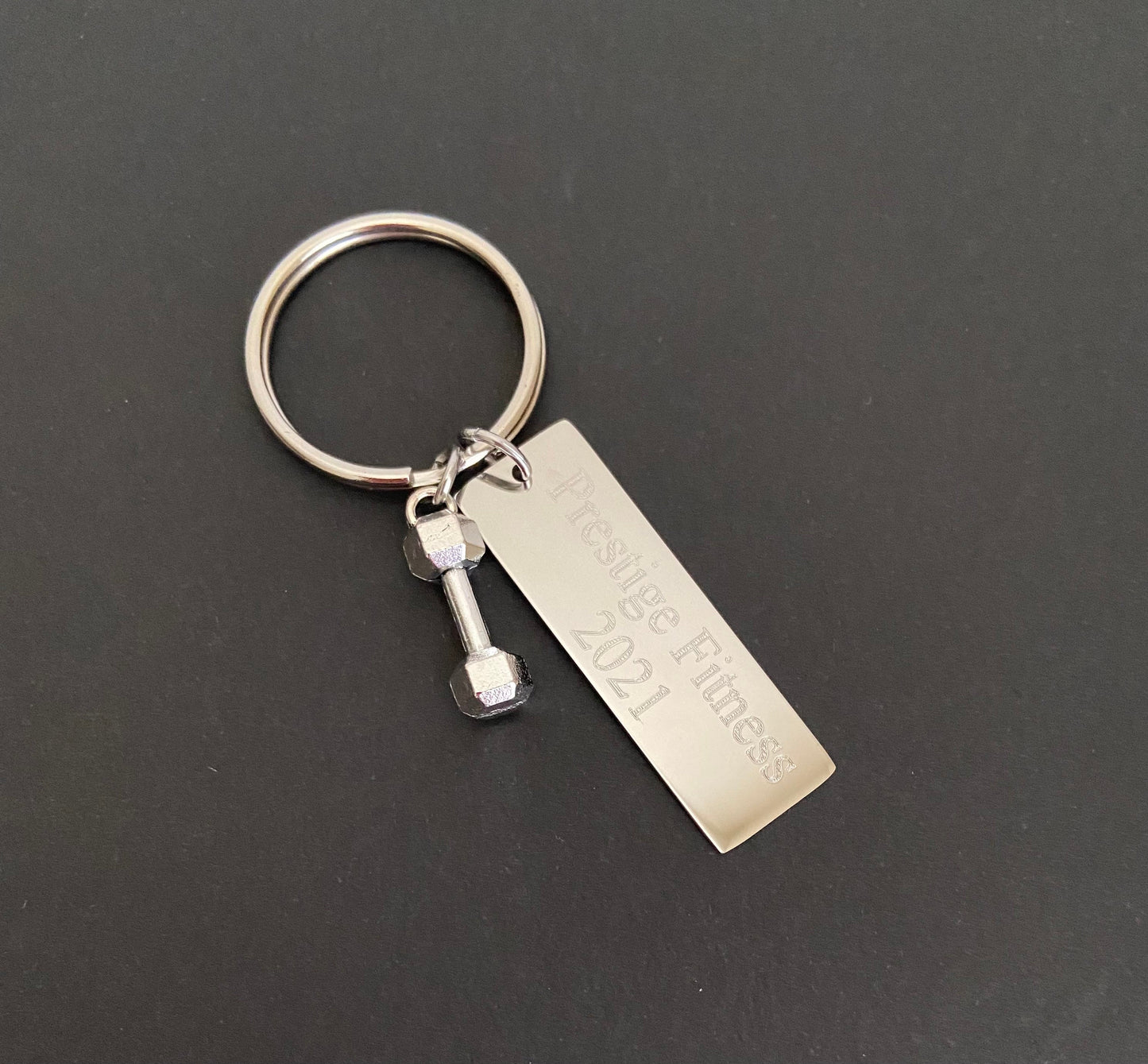 Personalized Key Chain with Small Dumbbell Charm • Custom Engraved Stainless Steel Fitness Keychain