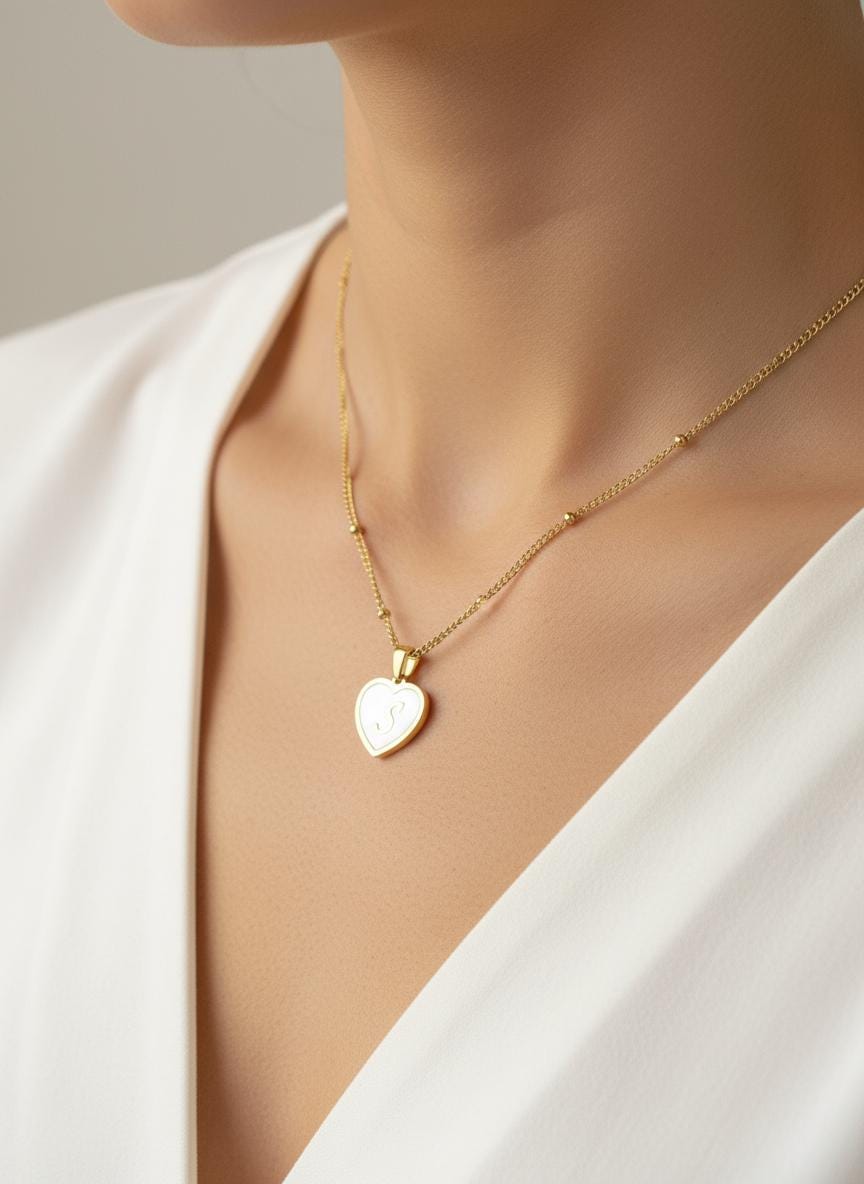 Personalized Gold Shell Heart Initial Necklace • Gold Over Stainless Steel Personalized Pendant