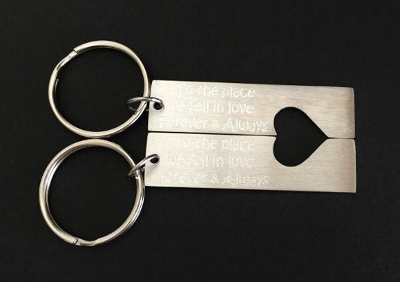 Personalized Stainless Steel Long Bar Key Chain Set with Heart Cutout • Custom Engraved Love Keepsake