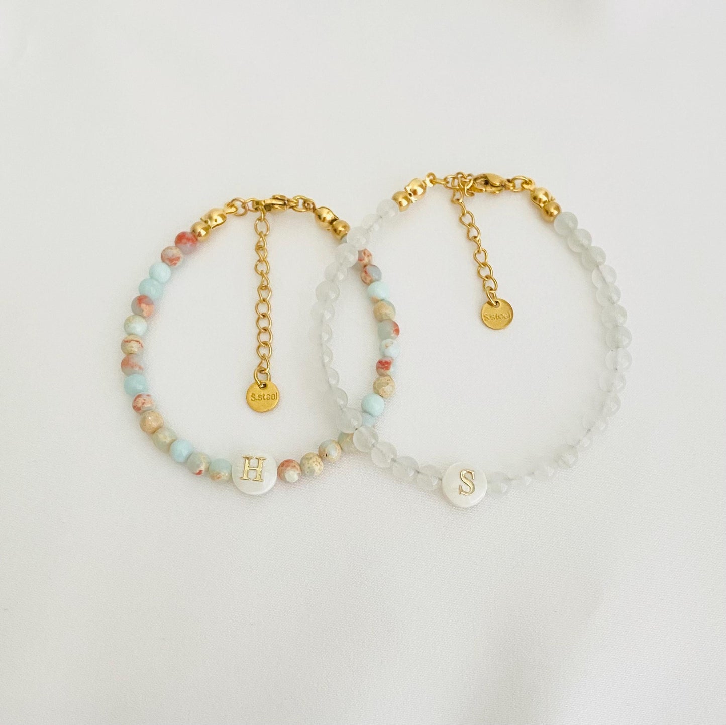 Personalized Shell Initial Bracelet • White Shell, Yellow Shell, Jasper & Ice Jade Beaded Bracelet