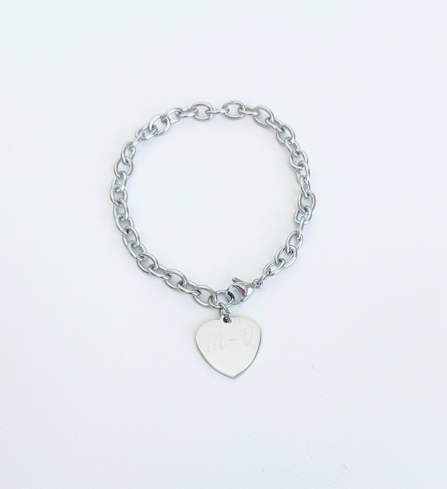 Stainless Steel Chain Bracelet with Personalized Heart Charm • Custom Engraved Bracelet