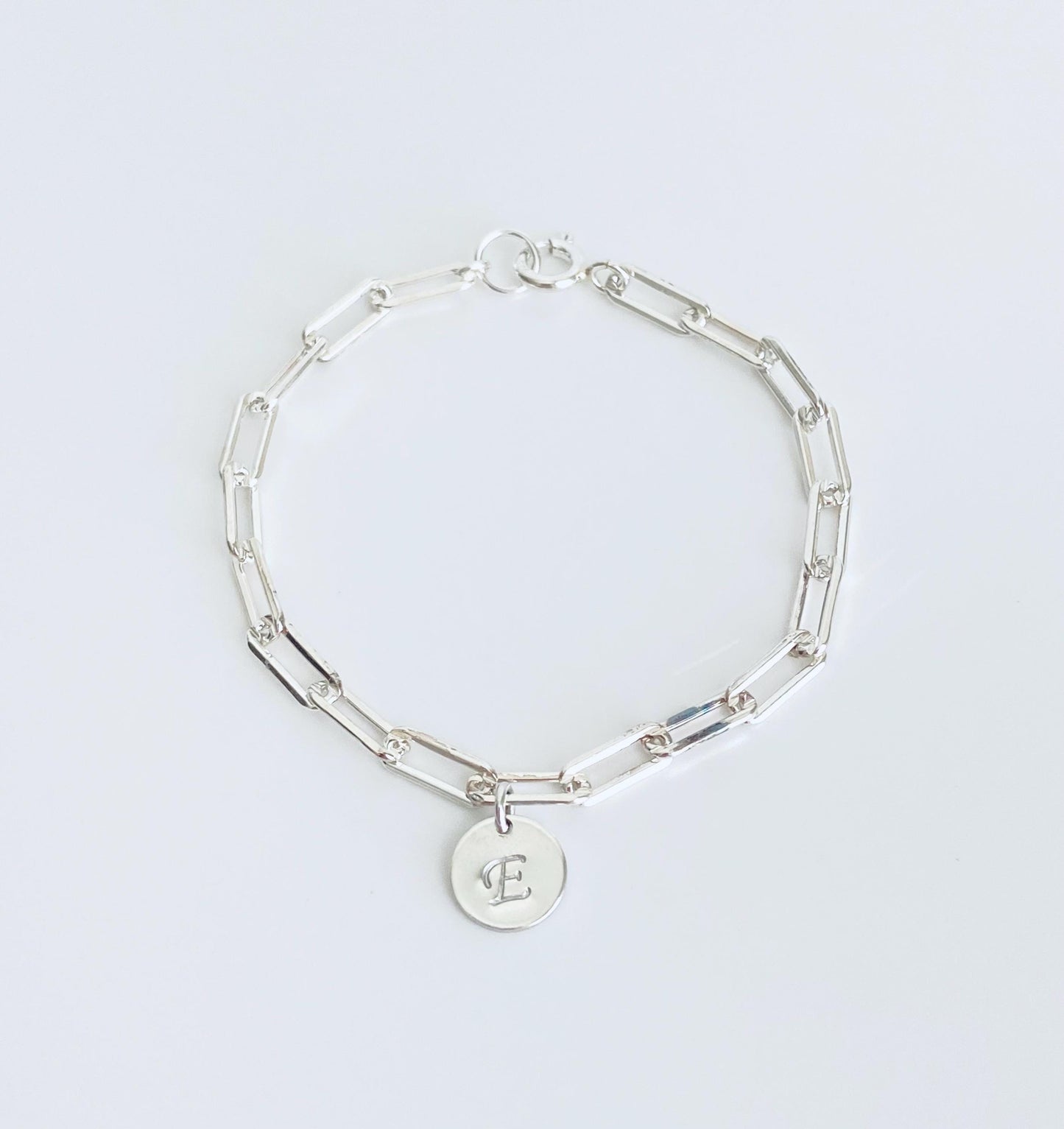 Sterling Silver Paperclip Chain Bracelet with Initial Charm • Personalized 925 Silver Letter Bracelet for Women