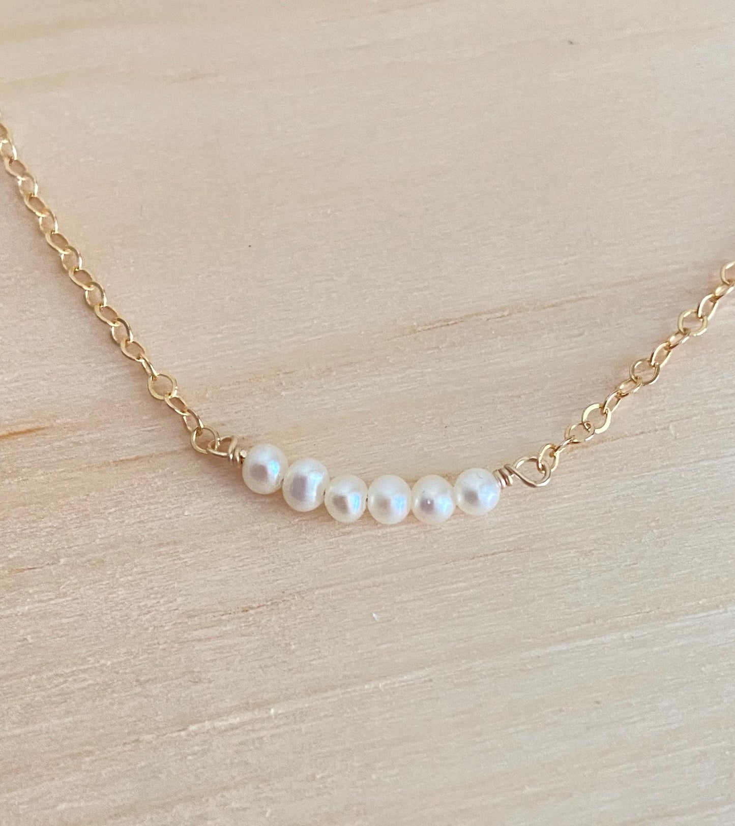 TINY White Pearl Bar Necklace in Sterling Silver. Gold Filled