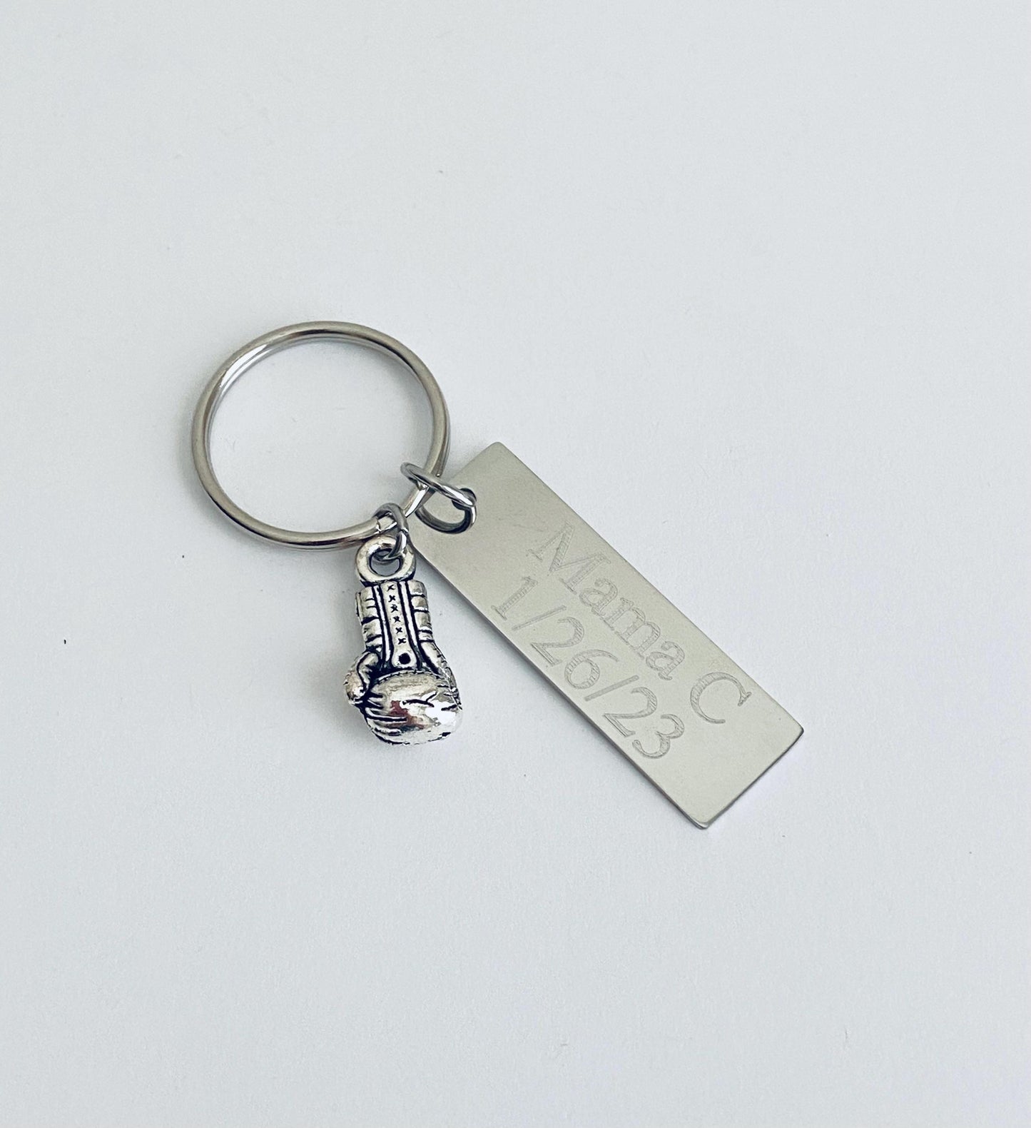 Personalized Key Chain with Boxing Glove Charm • Custom Engraved Stainless Steel Keychain