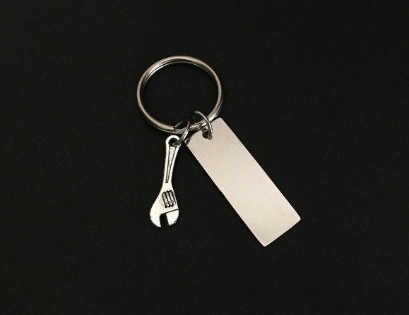 Personalized Key Chain with Wrench Charm • Custom Engraved Stainless Steel Tag Keychain