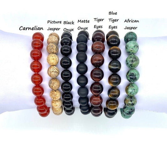 Gemstone Stretch Bracelet • Tiger Eye, Blue Tiger Eye, Picture Jasper, Carnelian, African Jasper & 10mm Onyx