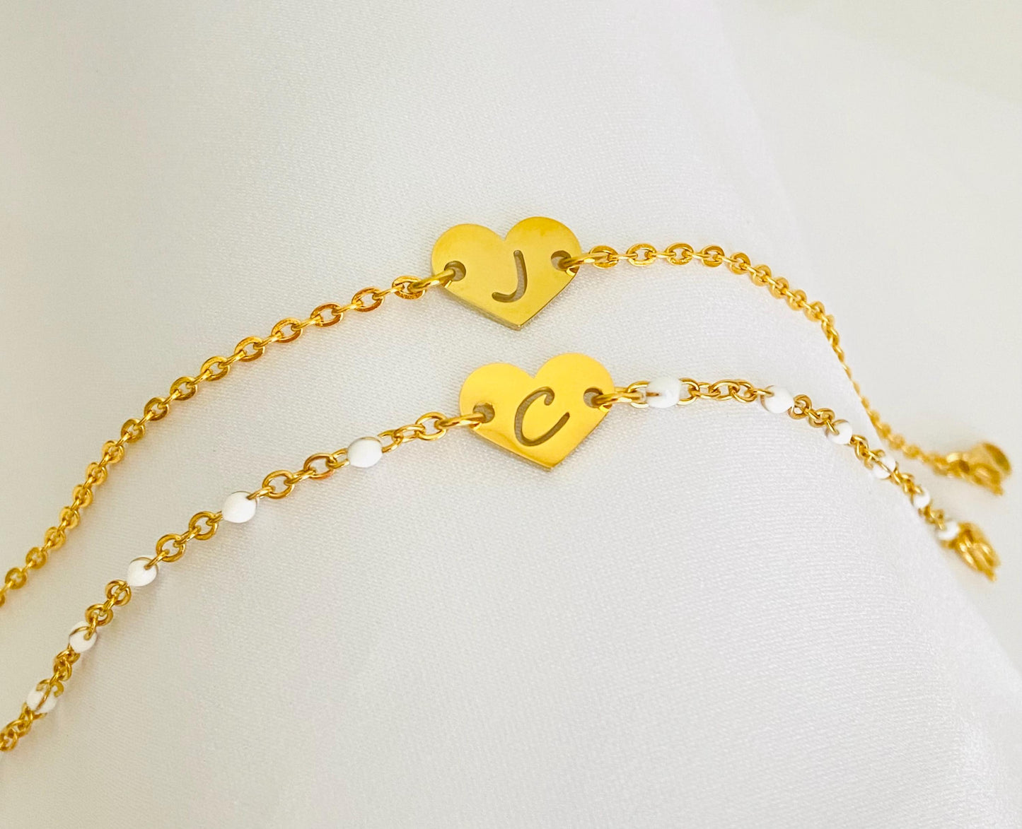 Gold Heart Initial Charm Bracelet • Personalized Letter Bracelet with Flat Cable Chain or White Enamel Beaded Chain