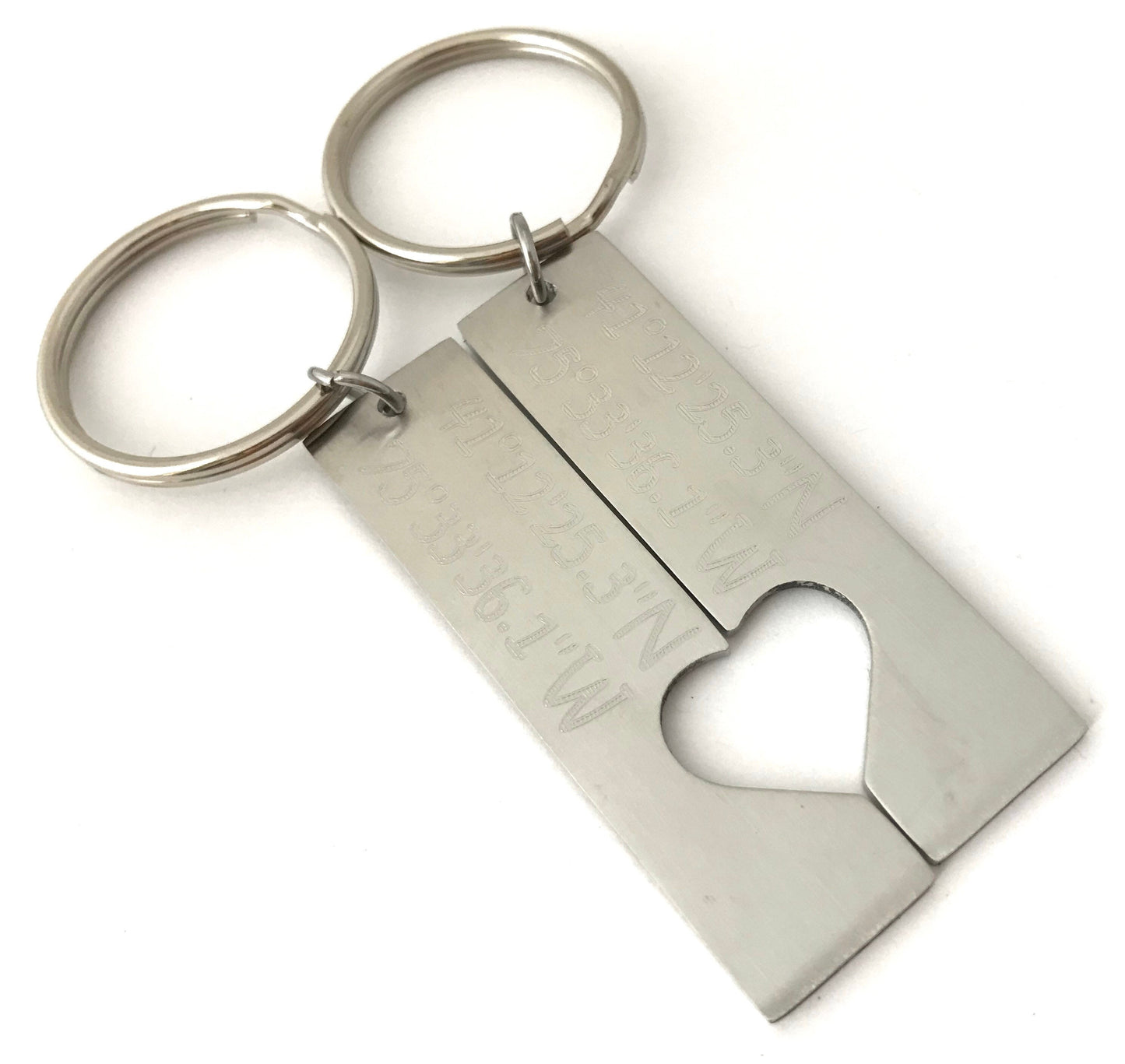 Personalized Stainless Steel Long Bar Key Chain Set with Heart Cutout • Custom Engraved Love Keepsake