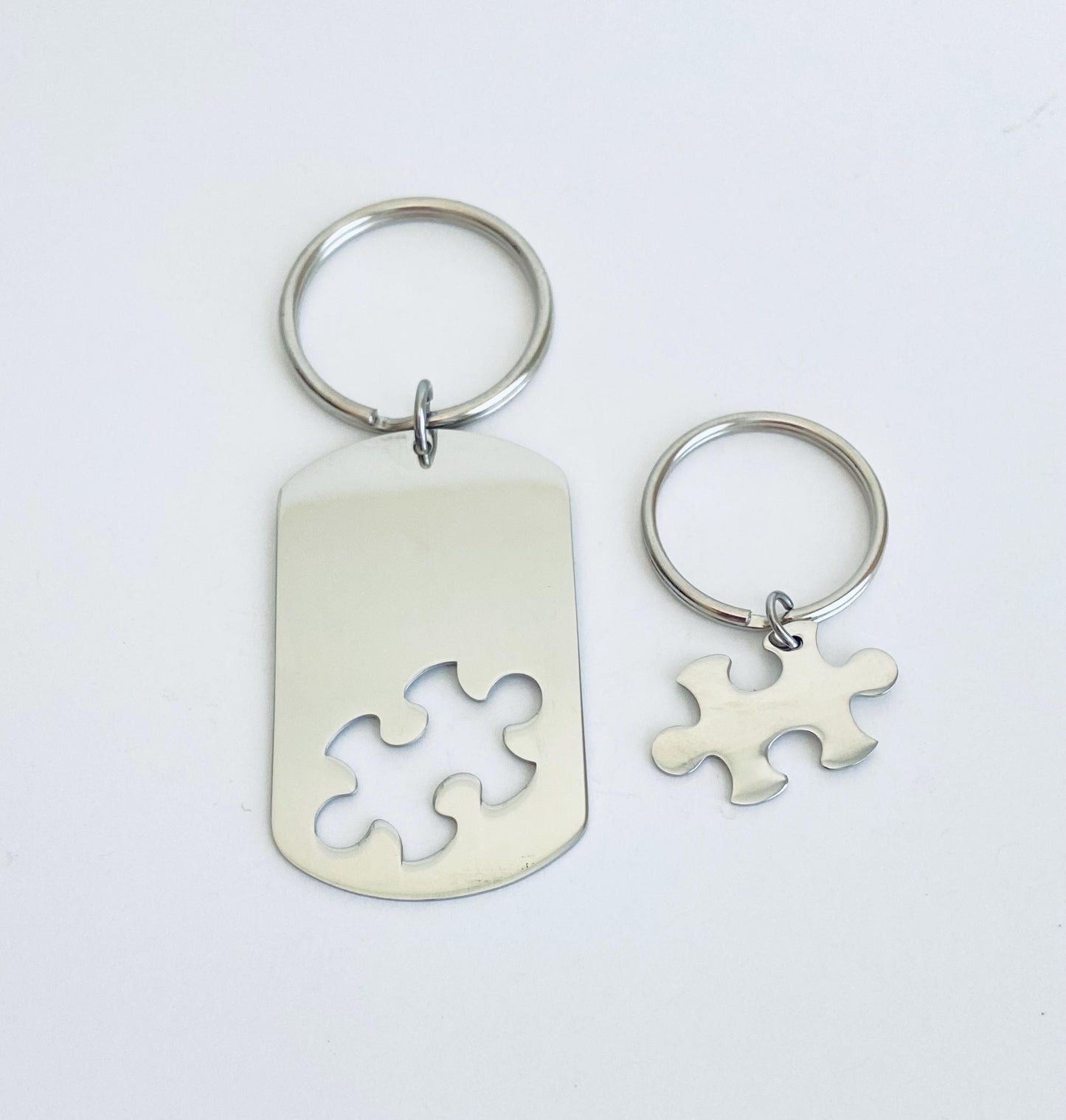 Personalized Stainless Steel Puzzle Key Chain Set • Interlocking Puzzle Piece Dog Tag Key Chains