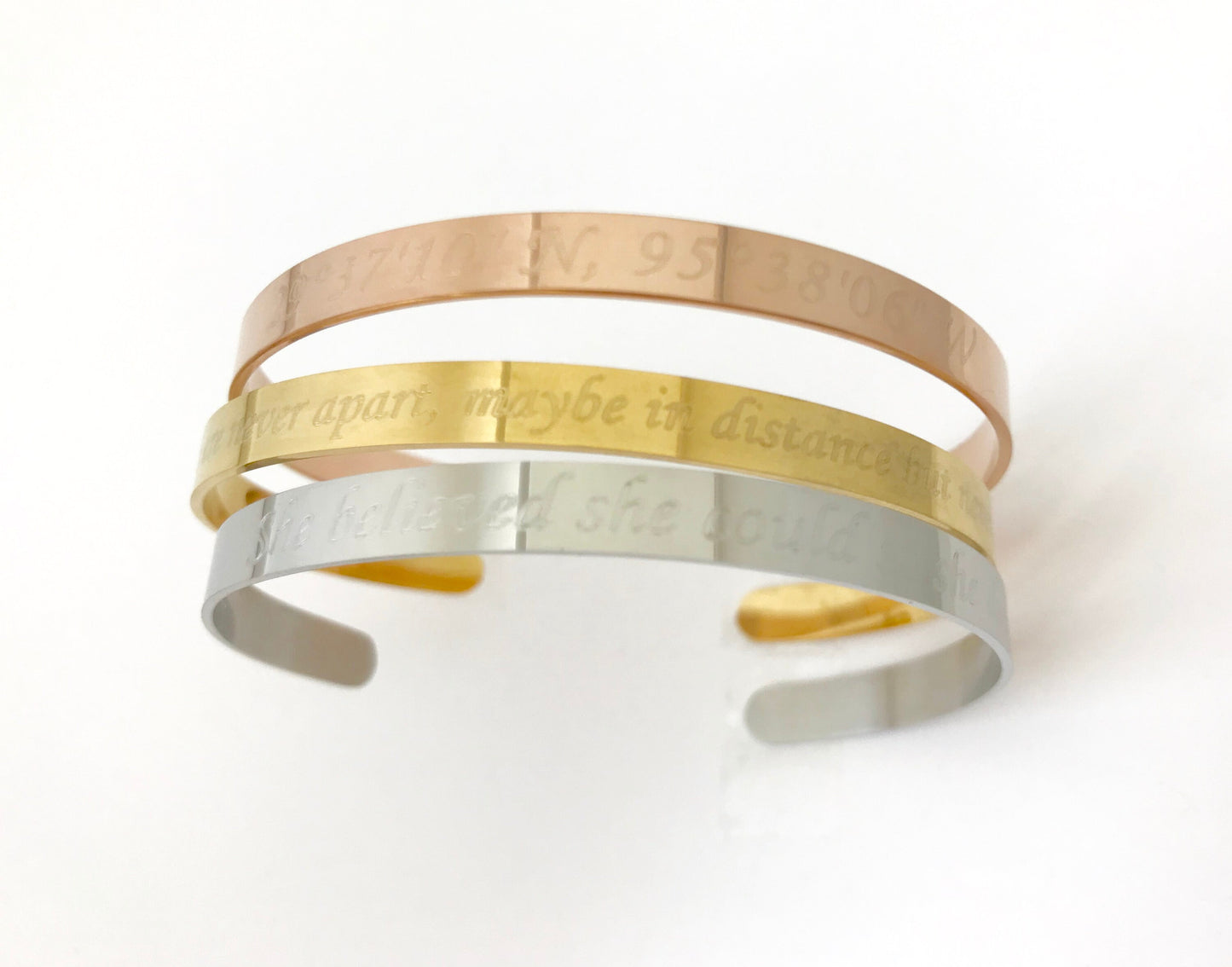 Personalized Stainless Steel Cuff Bangle • Custom Engraved Bracelet in Stainless Steel, Gold or Rose Gold