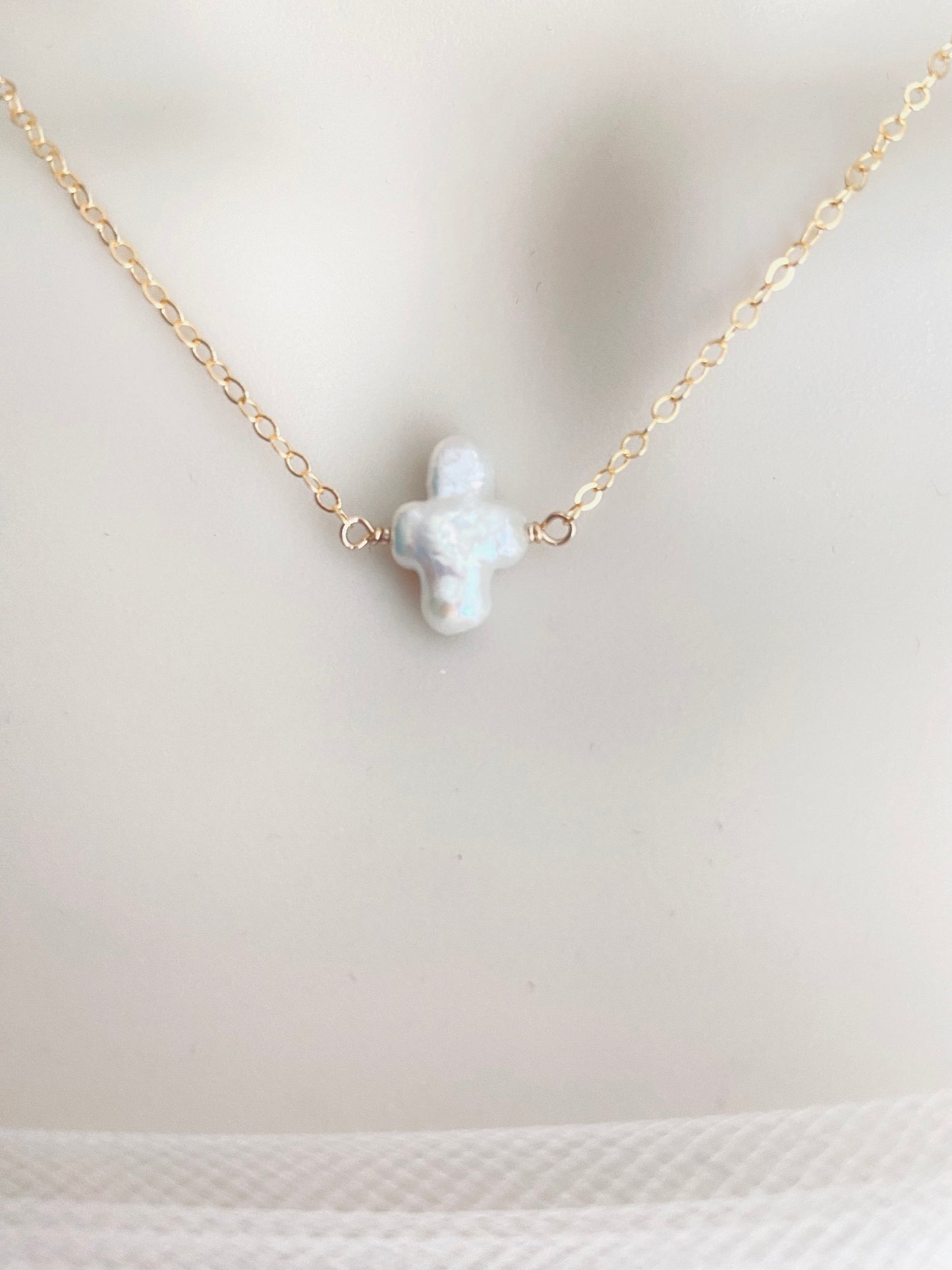 White Freshwater Pearl Cross Necklace in Sterling Silver or Gold Filled • Christian Pearl Jewelry Gift