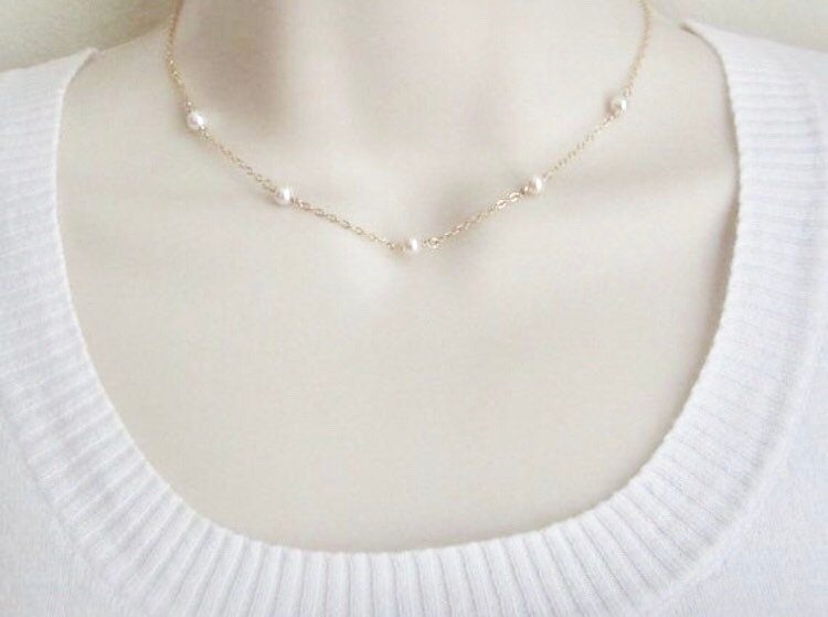 White Freshwater Pearl Necklace in Sterling Silver, Gold Filled or Rose Gold