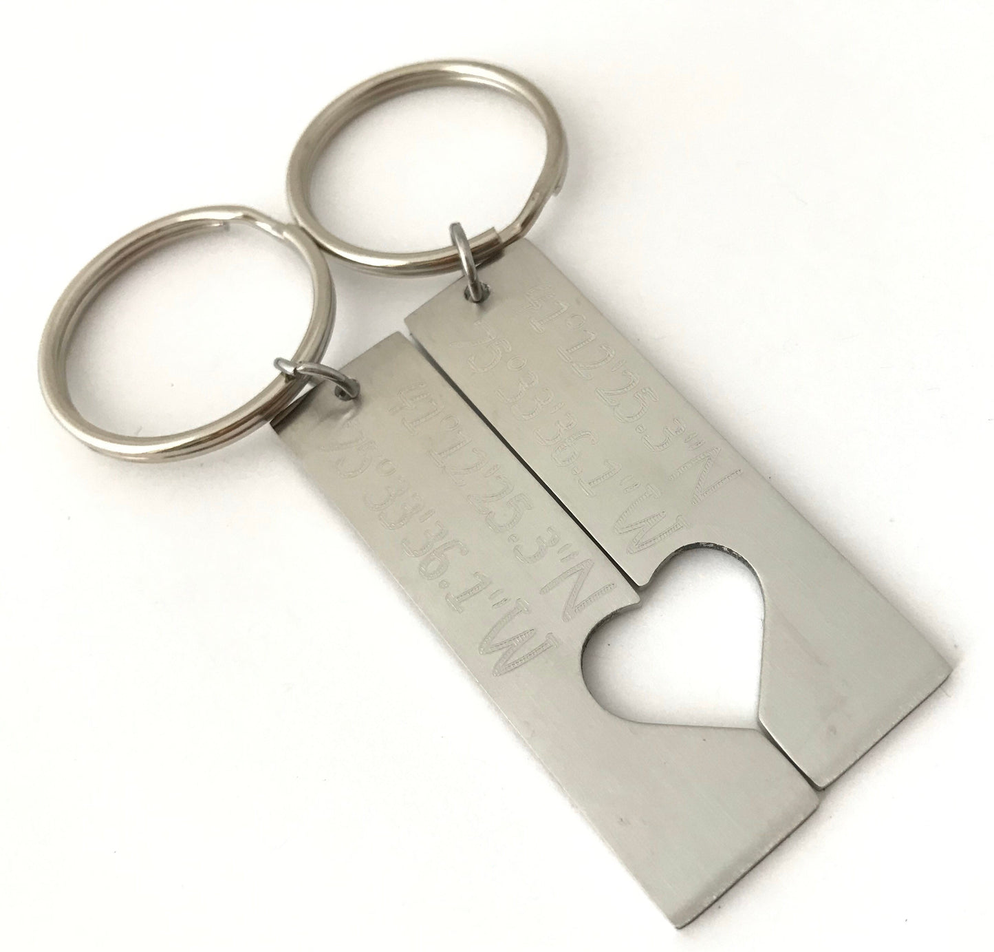 Personalized Stainless Steel Long Bar Key Chain Set with Heart Cutout • Custom Engraved Love Keepsake