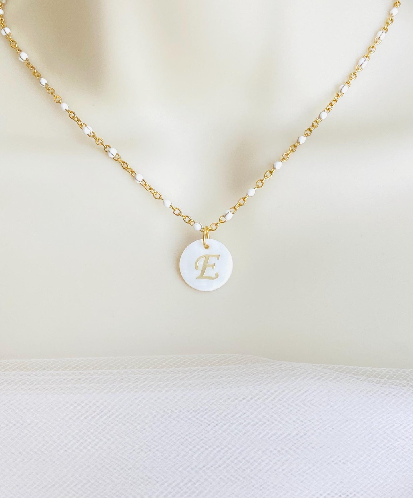 Shell Initial Pendant Necklace • Personalized Letter Necklace with White Enamel Beaded Chain