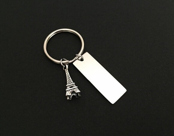Personalized Eiffel Tower Key Chain with Stainless Steel Tag • Custom Engraved Paris Keychain Gift