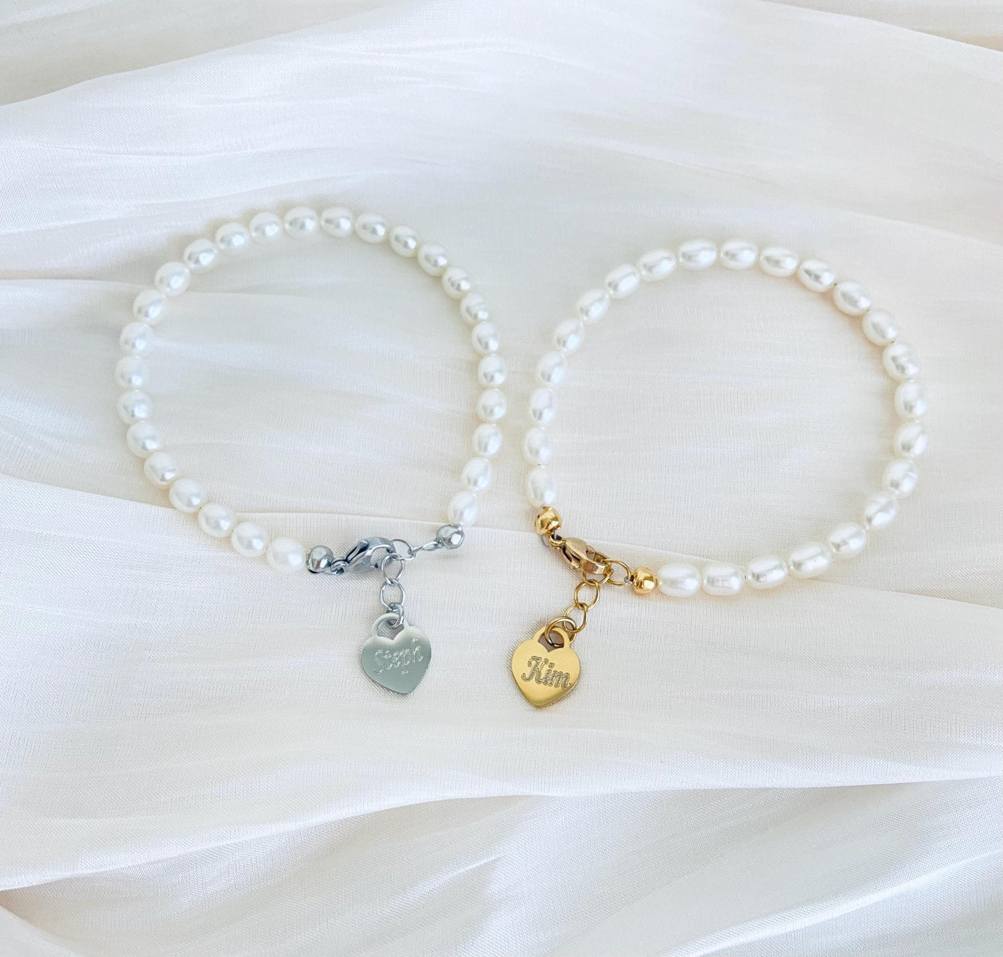 White Freshwater Pearl Bracelet with Personalized Stainless Steel Heart Charm • Custom Pearl Jewelry Gift