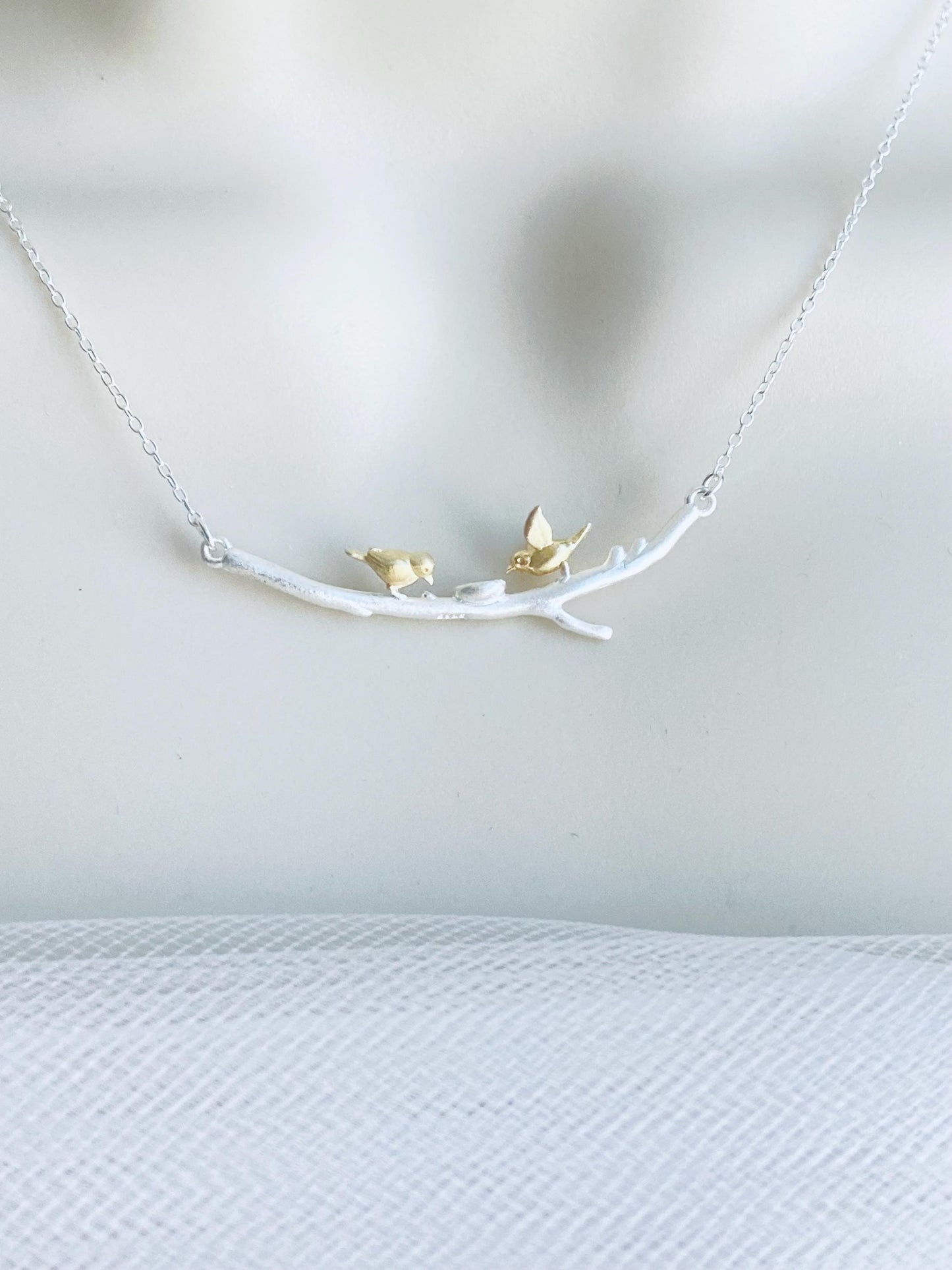 Sterling Silver Necklace with Gold Love Birds on Branch – Two-Tone Romantic Bird Pendant