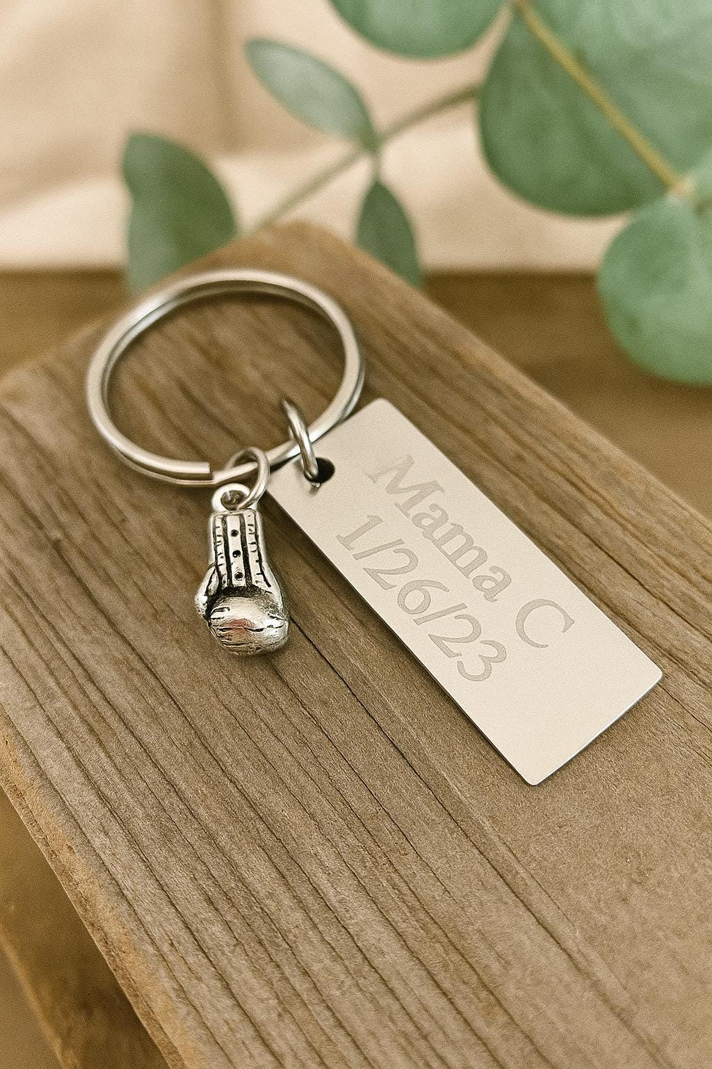 Personalized Key Chain with Boxing Glove Charm • Custom Engraved Stainless Steel Keychain