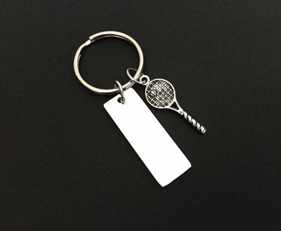 Personalized Stainless Steel Tag with Tennis Racket Charm Key Chain • Custom Engraved Sports Gift