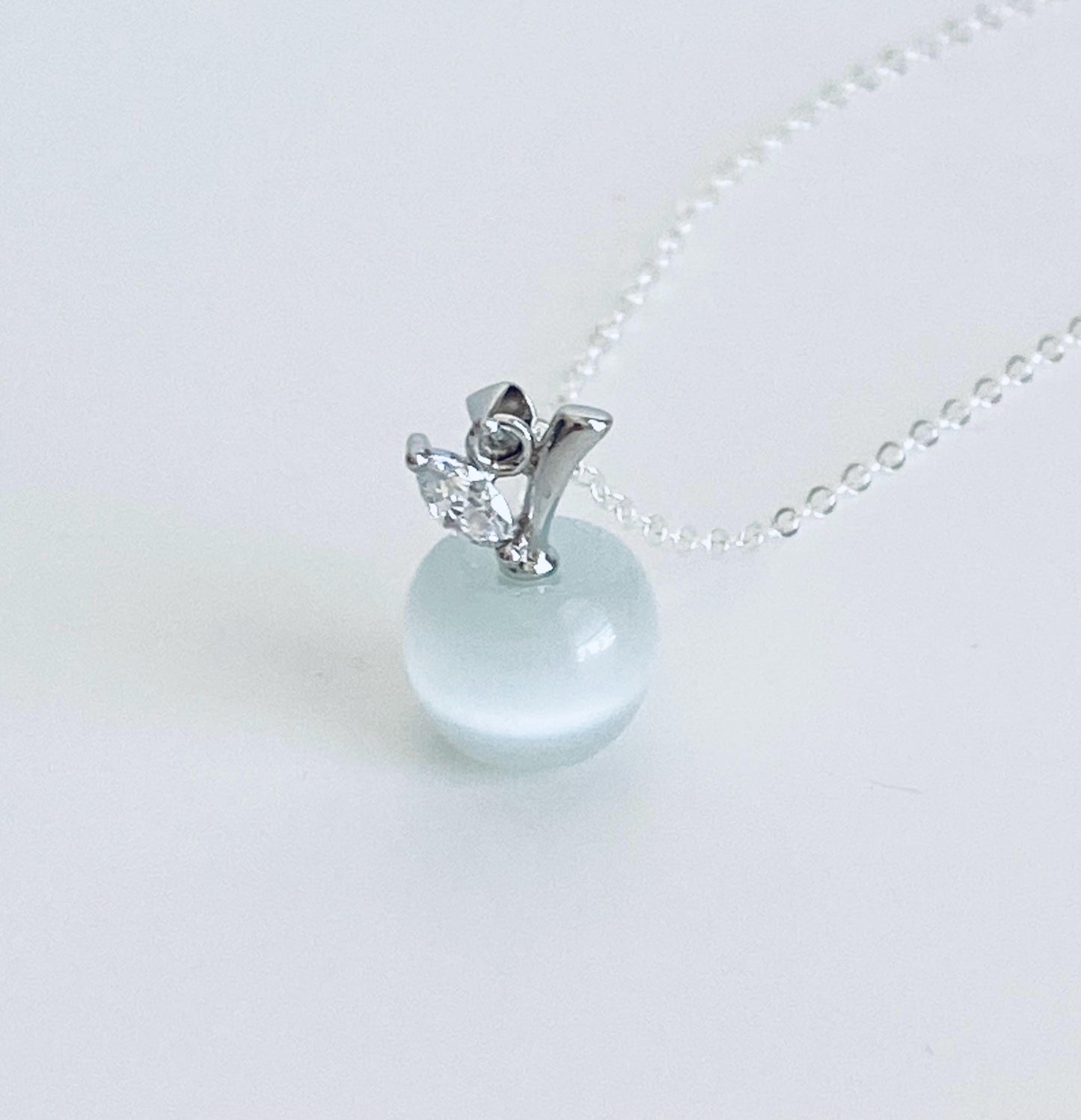 Sterling Silver Necklace with Cat’s Eye Apple Charm • 925 Silver Fruit Pendant Necklace