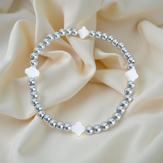 Stainless Steel Beaded Stretch Bracelet with Shell Clover Beads • Lucky Charm Jewelry for Women