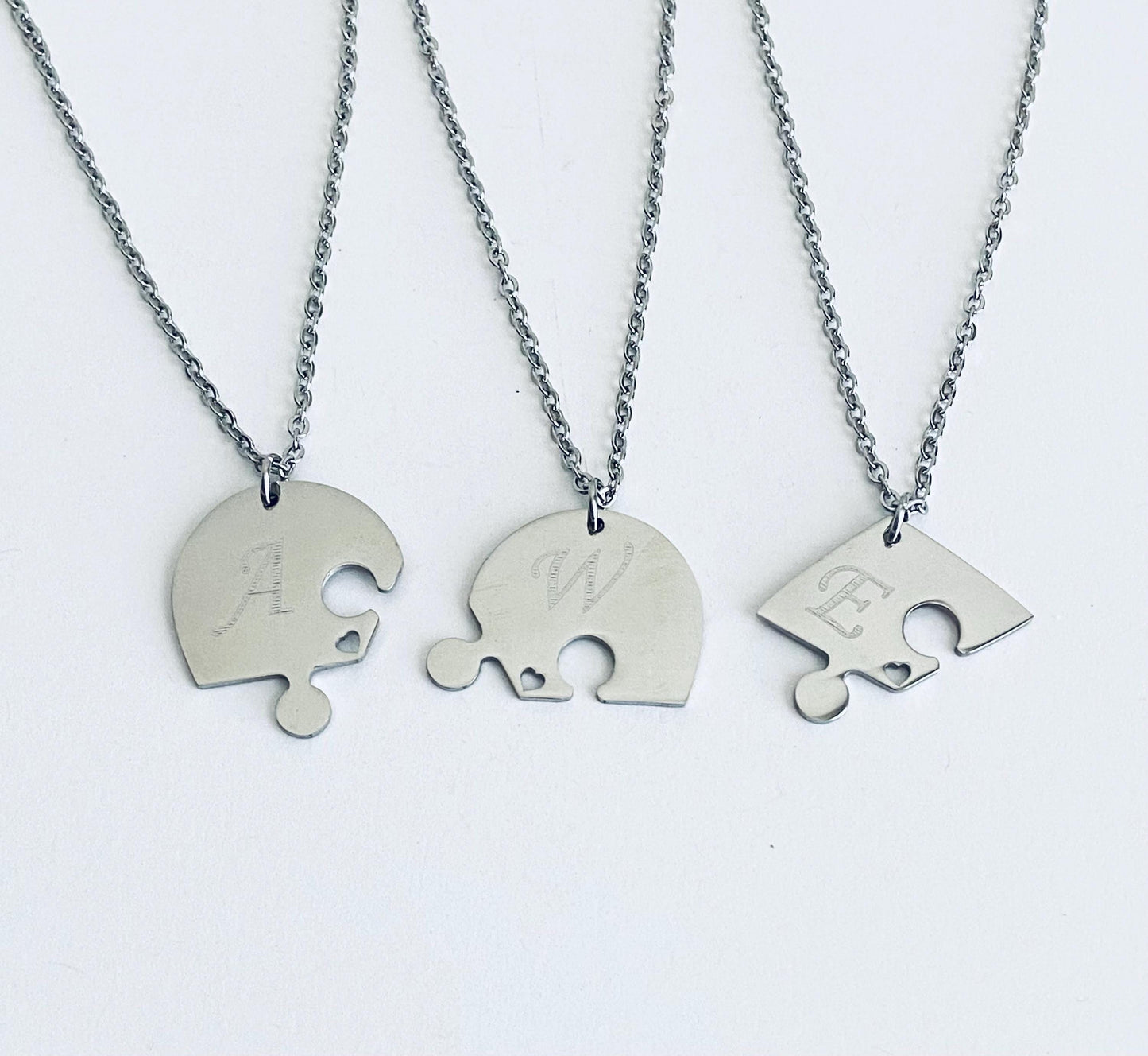 Personalized Stainless Steel 3-Piece Heart Puzzle Necklace Set with Tiny Heart Cutout •  Custom Engraved Matching Necklaces