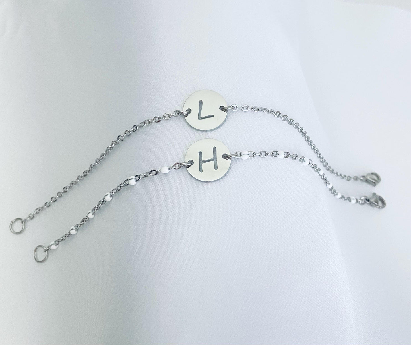 Initial Charm Bracelet • Personalized Letter Bracelet with Flat Cable Chain or White Enamel Beaded Chain