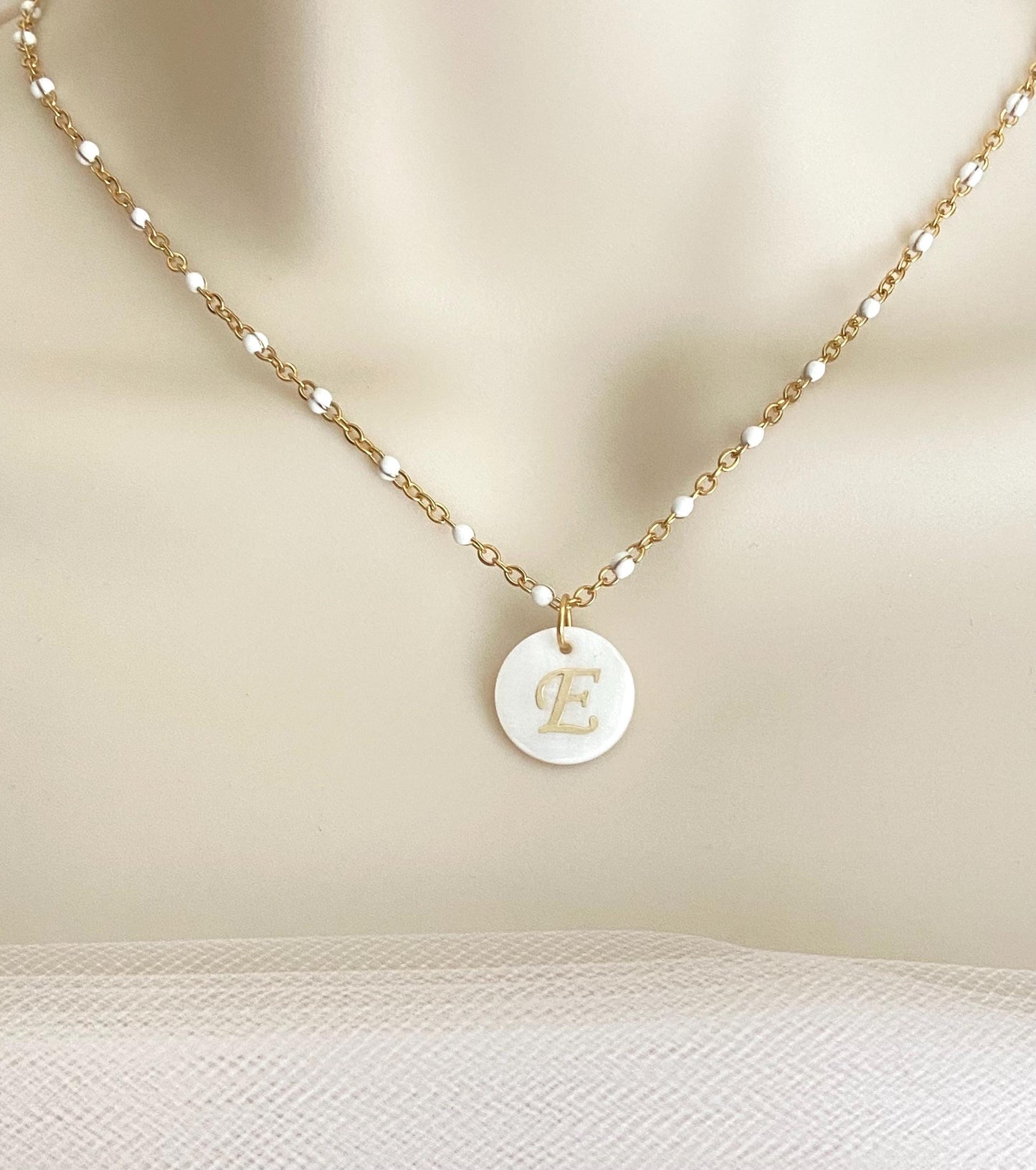 Shell Initial Pendant Necklace • Personalized Letter Necklace with White Enamel Beaded Chain