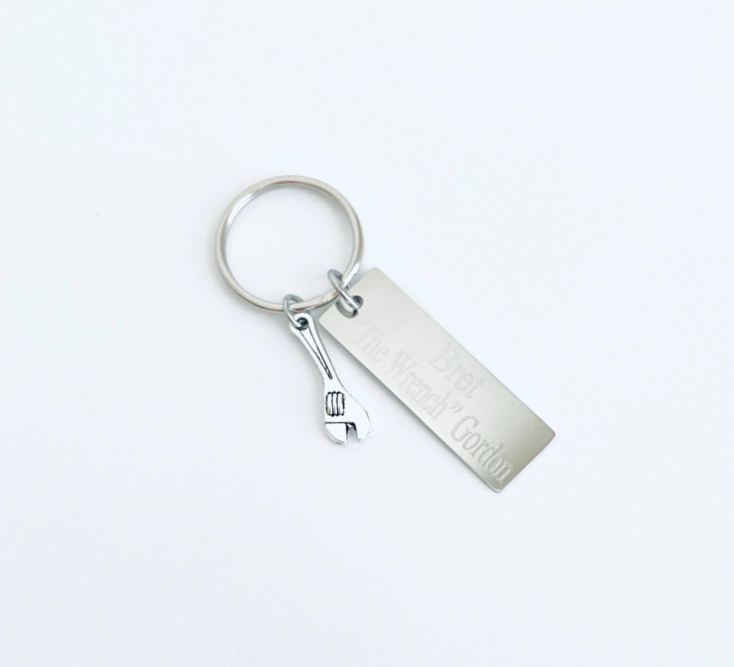 Personalized Key Chain with Wrench Charm • Custom Engraved Stainless Steel Tag Keychain