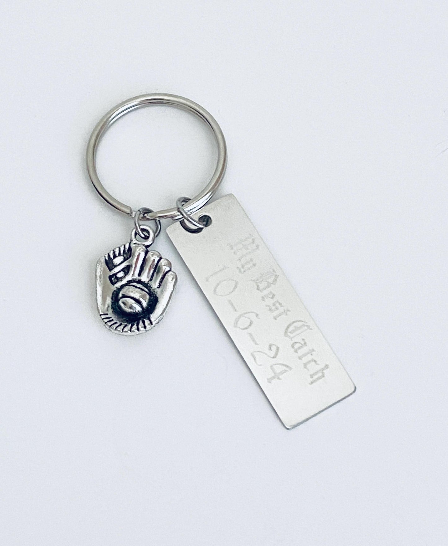 Personalized Key Chain with Baseball Mitten Charm • Custom Engraved Stainless Steel Keychain