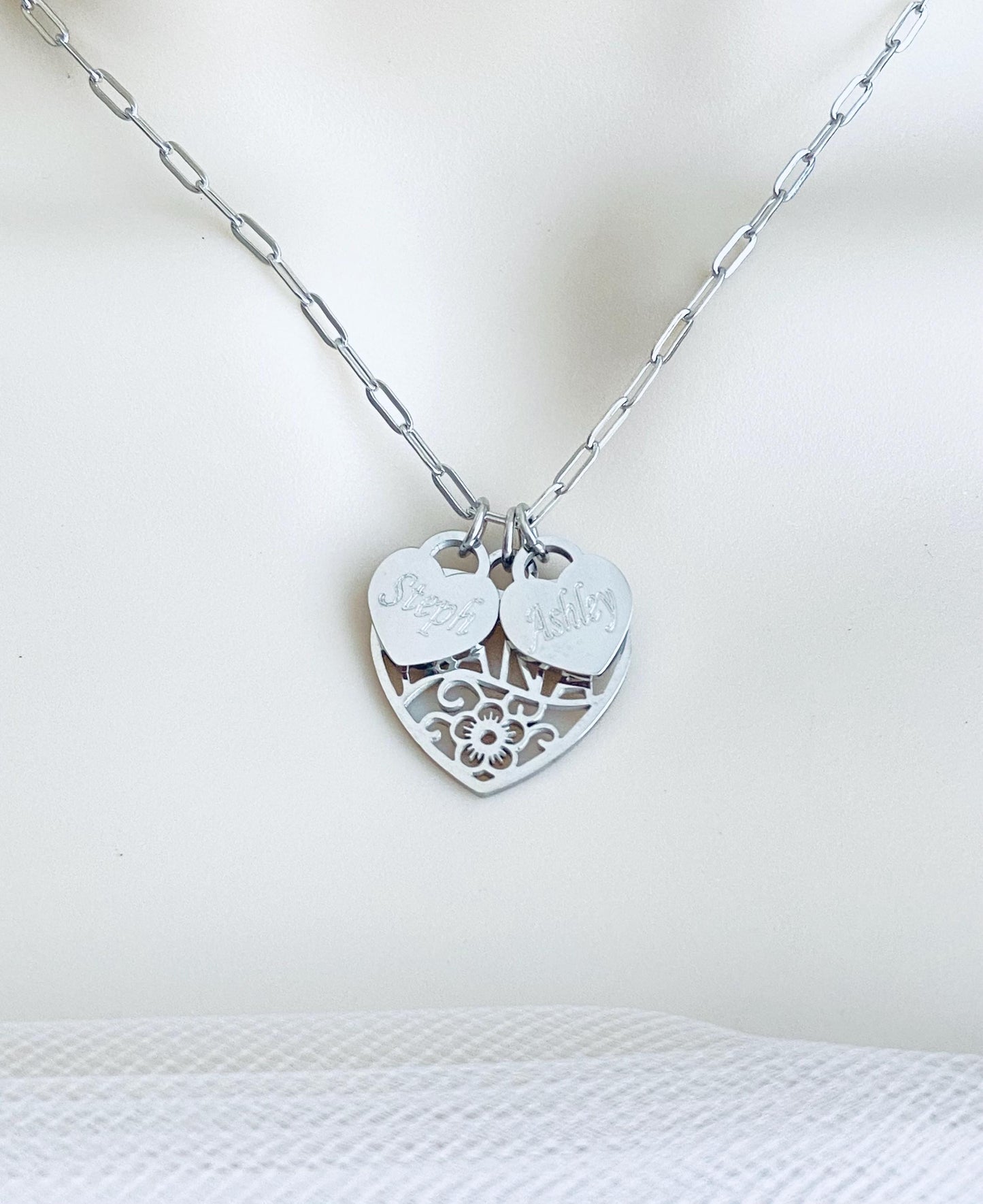 Personalized Nana Necklace with Engraved Heart Charms • Custom Grandma Necklace in Stainless Steel or Gold