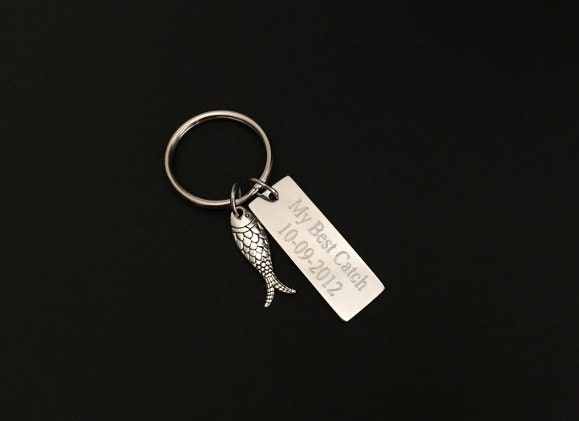 Personalized Stainless Steel Tag with Fish Charm Key Chain • Custom Engraved Fishing Gift